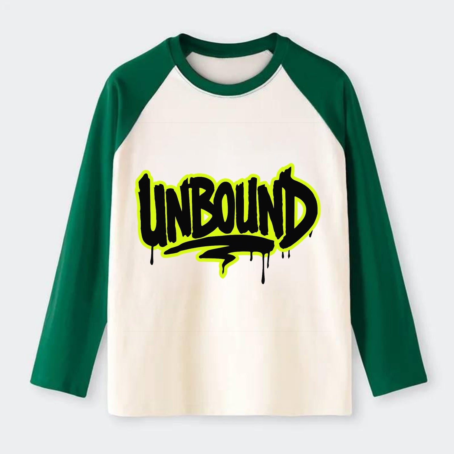 Bold typography design - "UNBOUND" - without limits, free from - Raglan Long Sleeve T-Shirt - Green