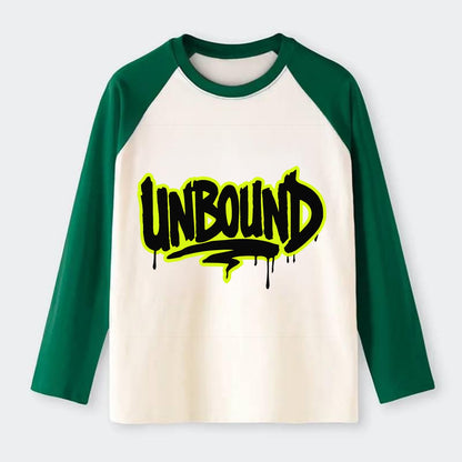 Bold typography design - "UNBOUND" - without limits, free from - Raglan Long Sleeve T-Shirt - Green
