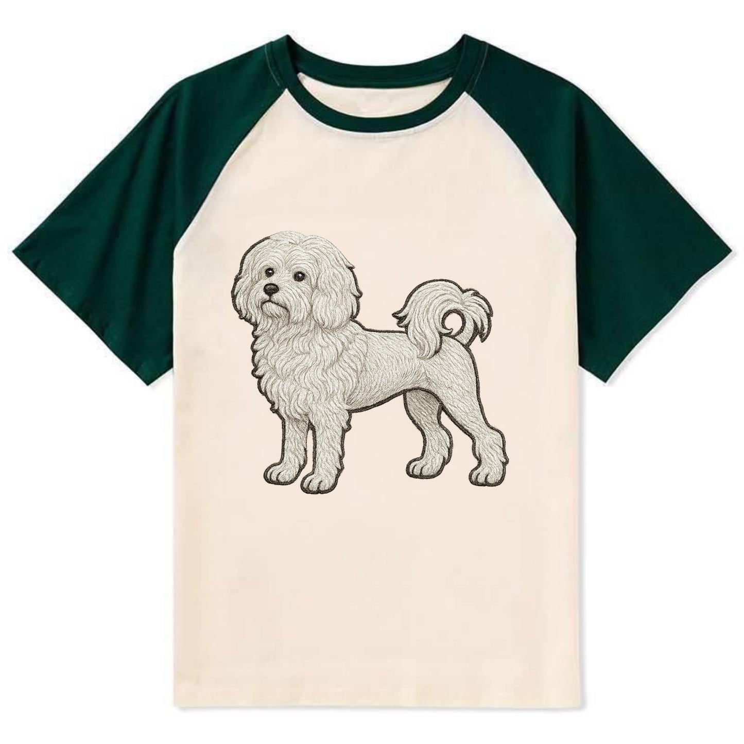 Löwchen - Little Lion Dog white embroidered pose - Contrast Raglan T-shirt - Green
