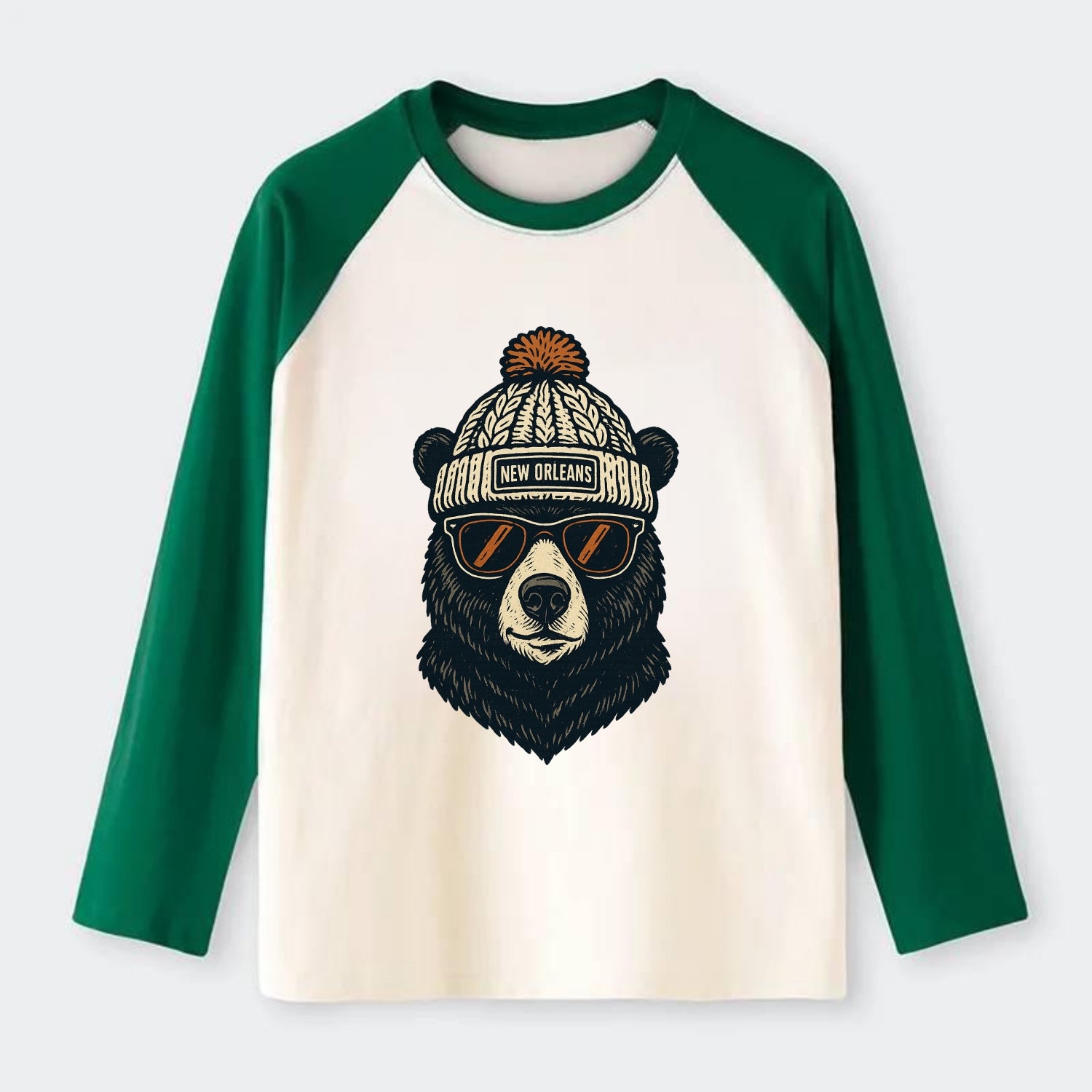 Louisiana Black Bear wearing New Orleans beanie with pom pom and - Raglan Long Sleeve T-Shirt - Green