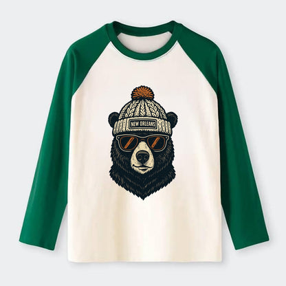 Louisiana Black Bear wearing New Orleans beanie with pom pom and - Raglan Long Sleeve T-Shirt - Green