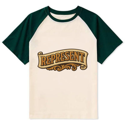 Bold typography design - "REPRESENT" - showing where you from - Contrast Raglan T-shirt - Green