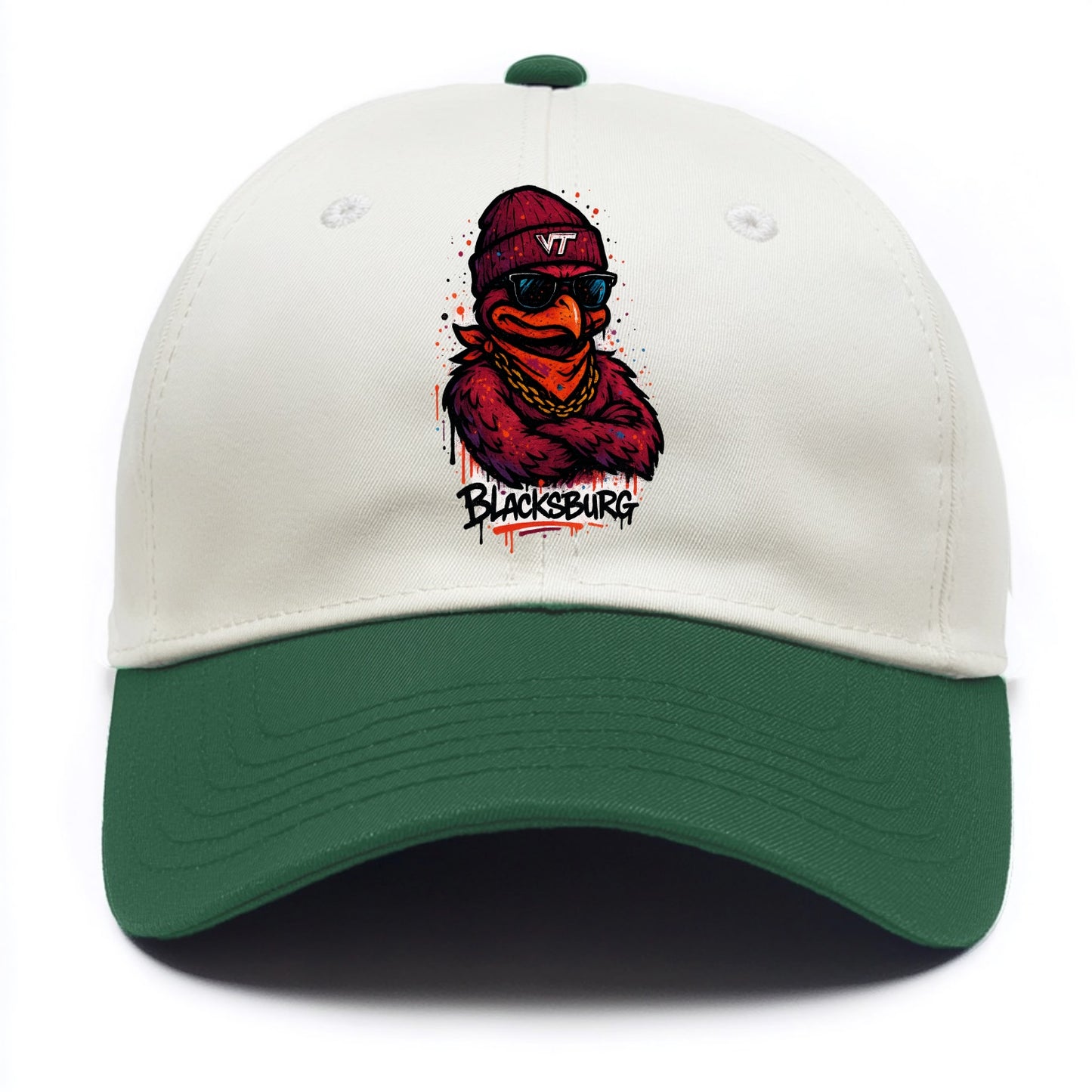 Blacksburg HokieBird wearing Virginia Tech beanie with VT patch - Two Tone Cap - Green