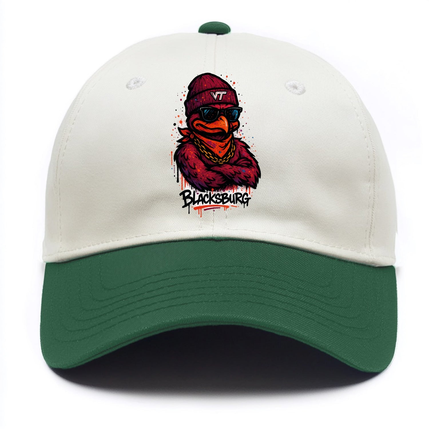 Blacksburg HokieBird wearing Virginia Tech beanie with VT patch - Two Tone Cap - Green