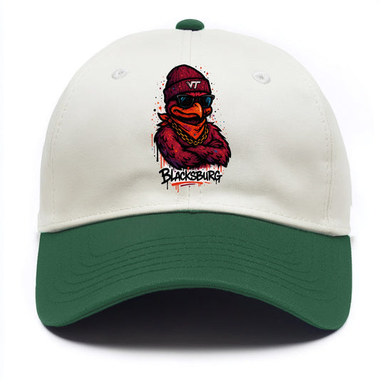 Blacksburg HokieBird wearing Virginia Tech beanie with VT patch - Two Tone Cap - Green