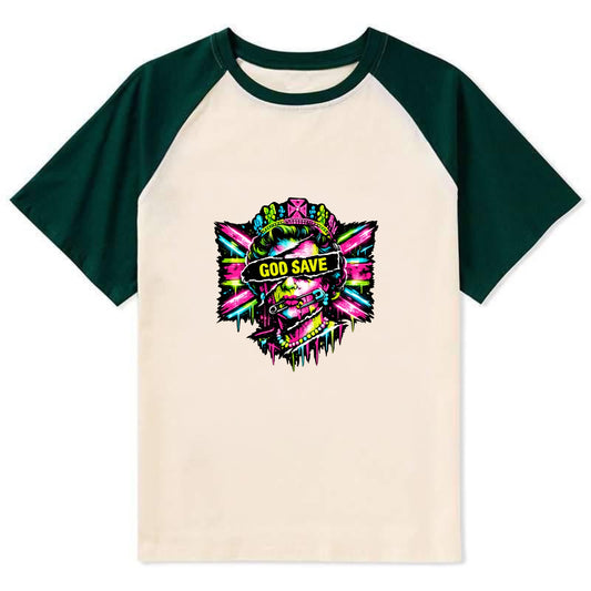 GOD SAVE | Torn royal portrait style | Blackout bar across eyes | Safety - Contrast Raglan T-shirt - Green