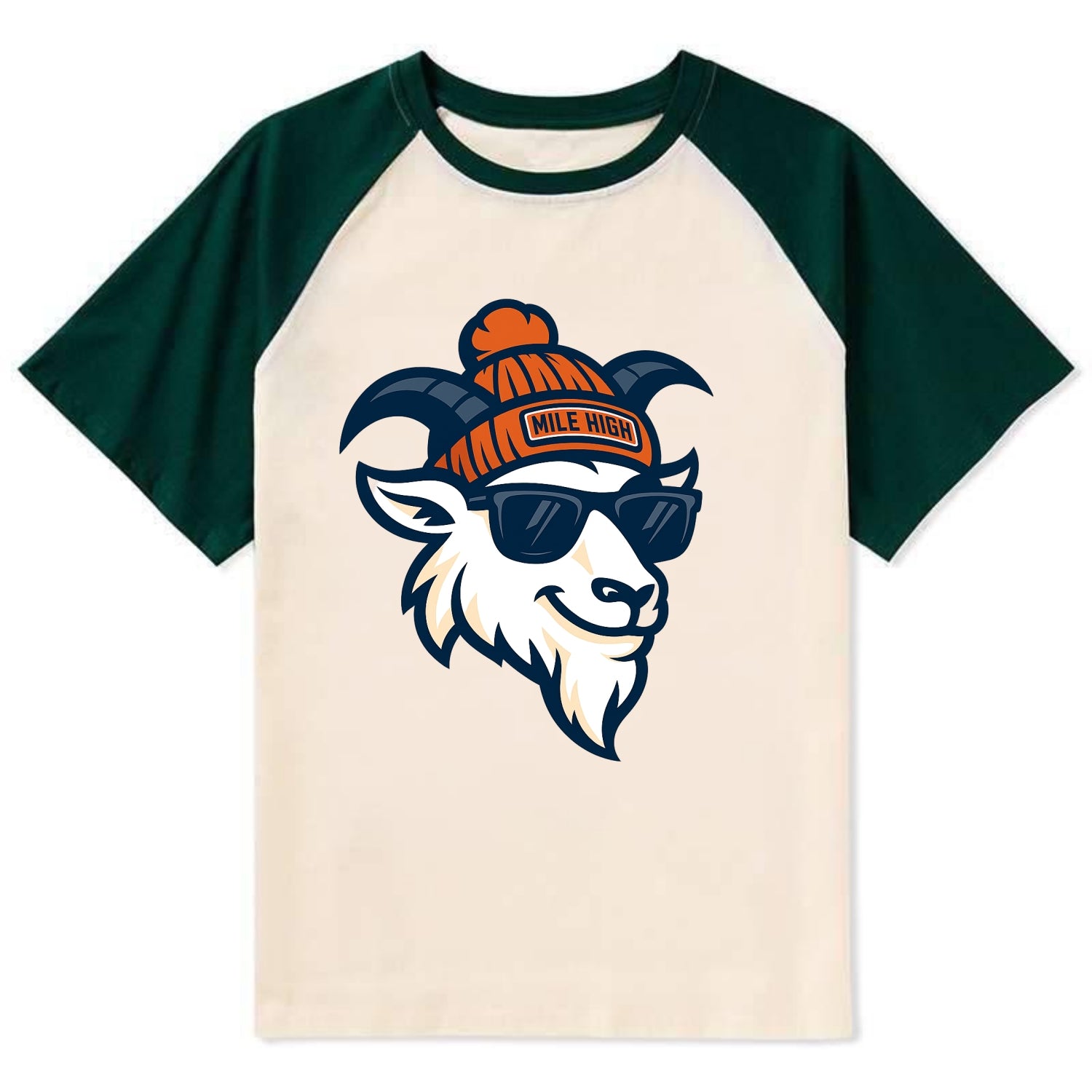Denver Mountain Goat wearing Broncos beanie with Mile High patch and - Contrast Raglan T-shirt - Green