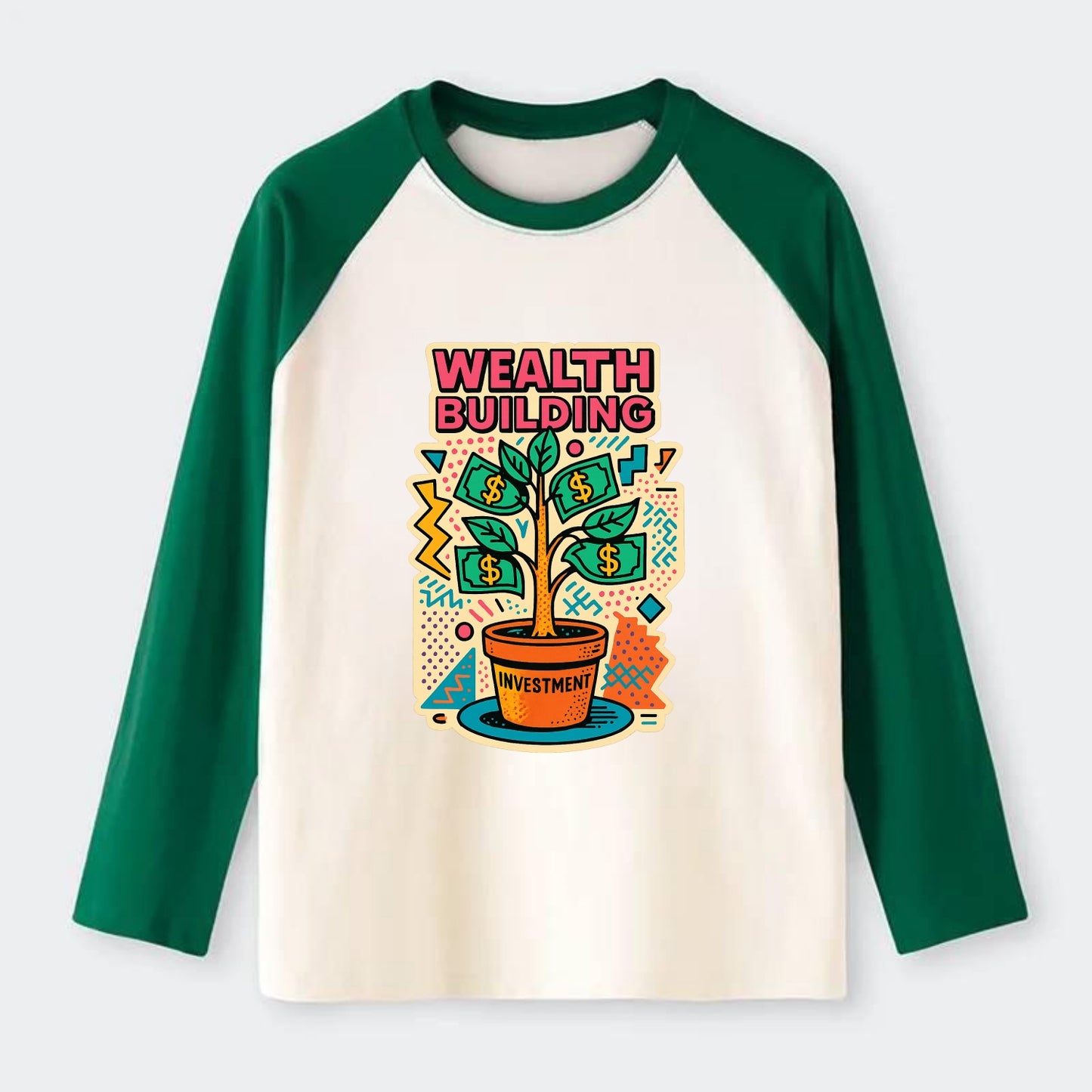 Money tree growing from investment pot - financial independence - Raglan Long Sleeve T-Shirt - Green