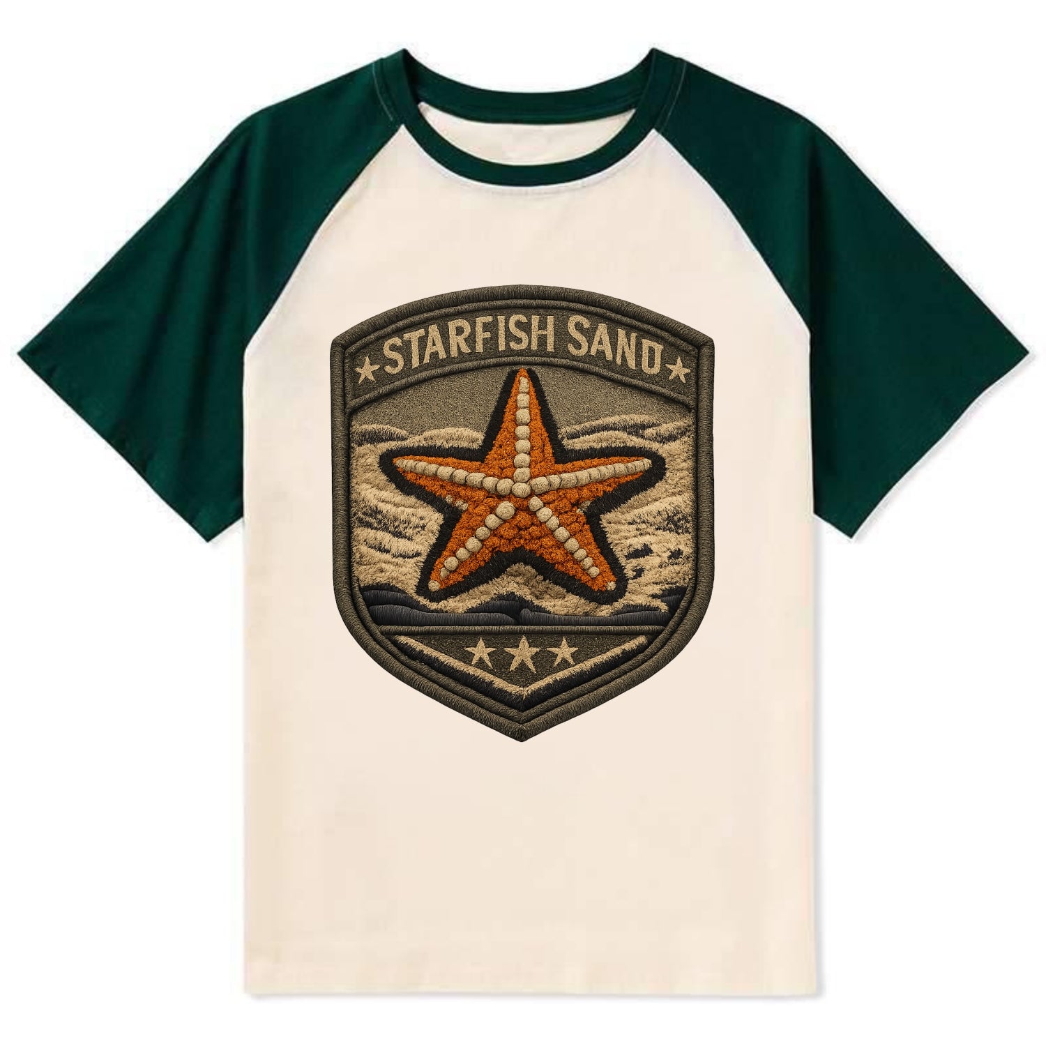 STARFISH SAND - sea star in orange and tan , beachcomber - Contrast Raglan T-shirt - Green