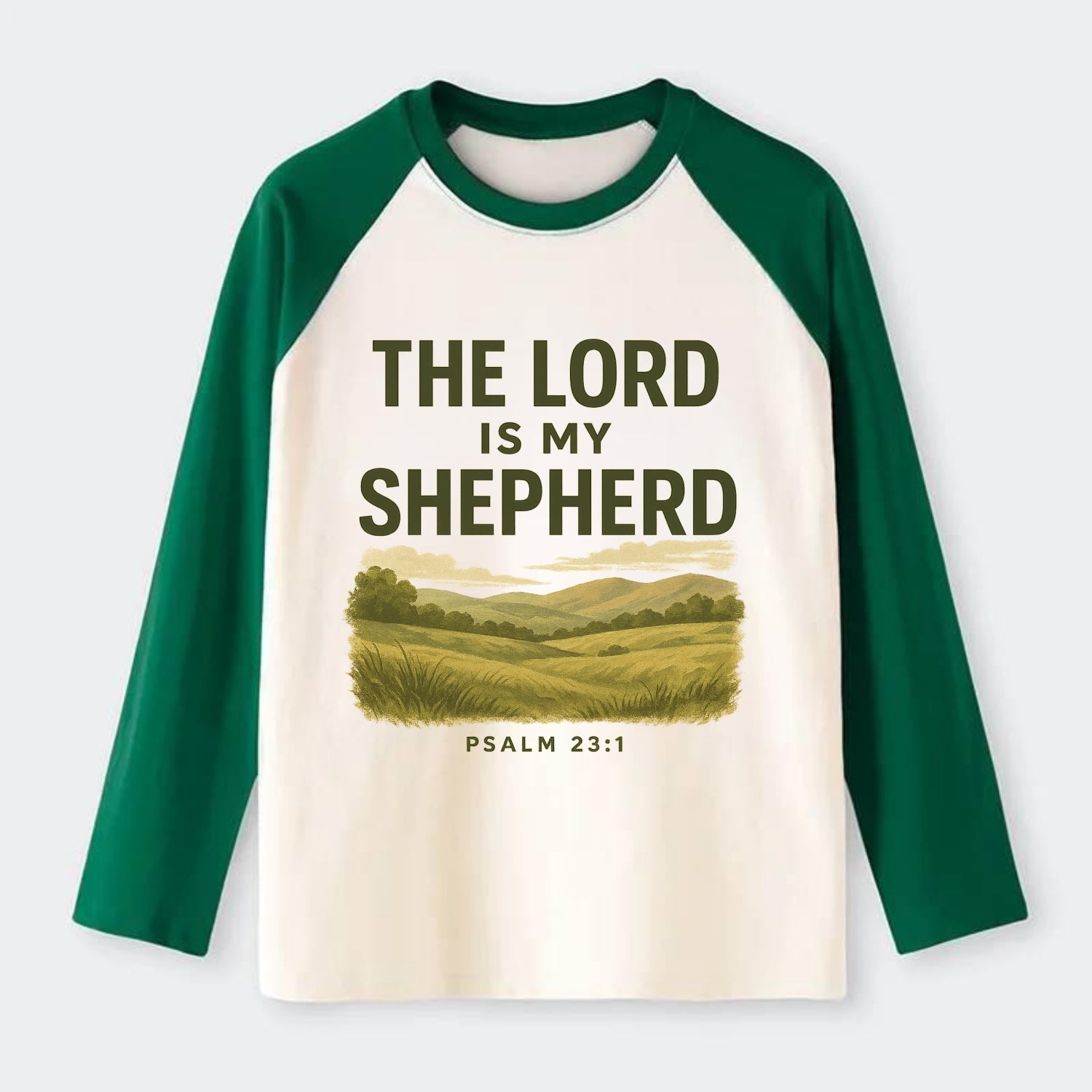 Psalm 23:1 Meadow - Raglan Long Sleeve T-Shirt - Green
