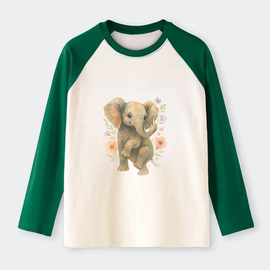 baby elephant with trunk up, one foot raised with middle toe extended - Raglan Long Sleeve T-Shirt - Green