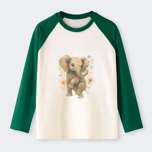 baby elephant with trunk up, one foot raised with middle toe extended - Raglan Long Sleeve T-Shirt