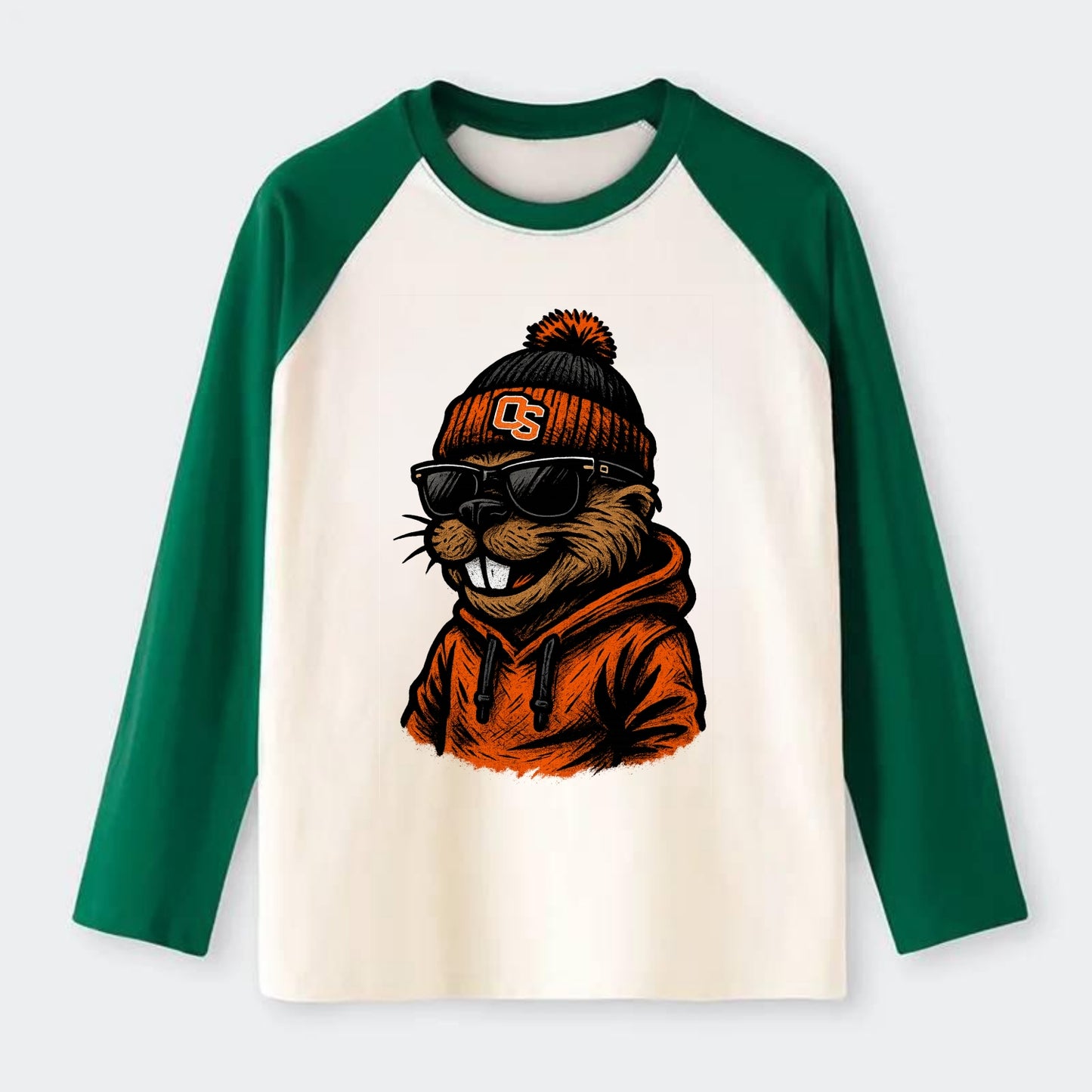 Corvallis Beaver wearing Oregon State beanie with OS patch - Raglan Long Sleeve T-Shirt - Green