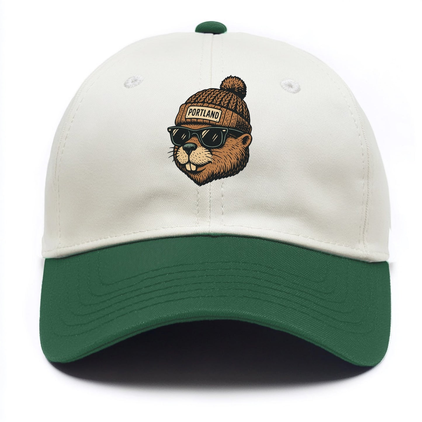 Portland Beaver wearing Portland beanie with pom pom and wayfarer sunglasses - Two Tone Cap - Green