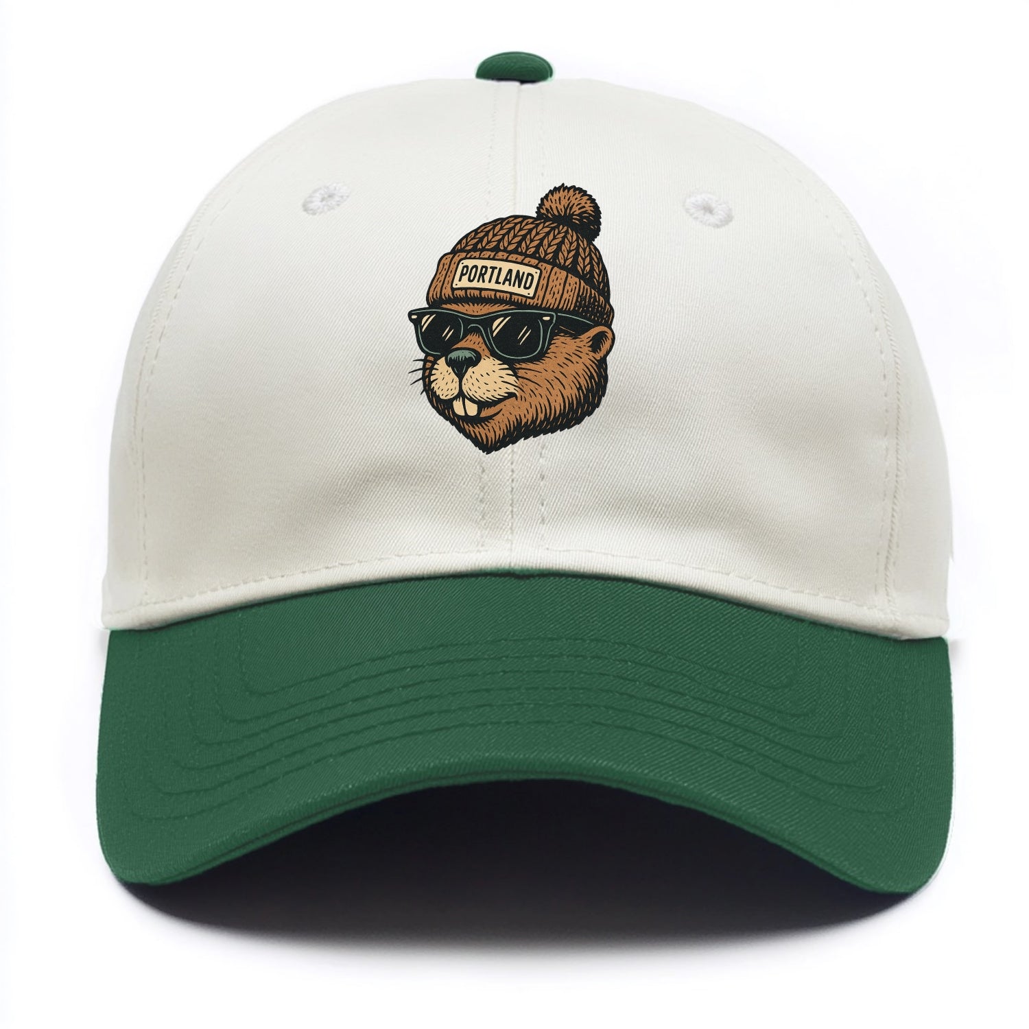 Portland Beaver wearing Portland beanie with pom pom and wayfarer sunglasses - Two Tone Cap - Green