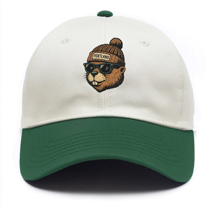 Portland Beaver wearing Portland beanie with pom pom and wayfarer sunglasses - Two Tone Cap - Green