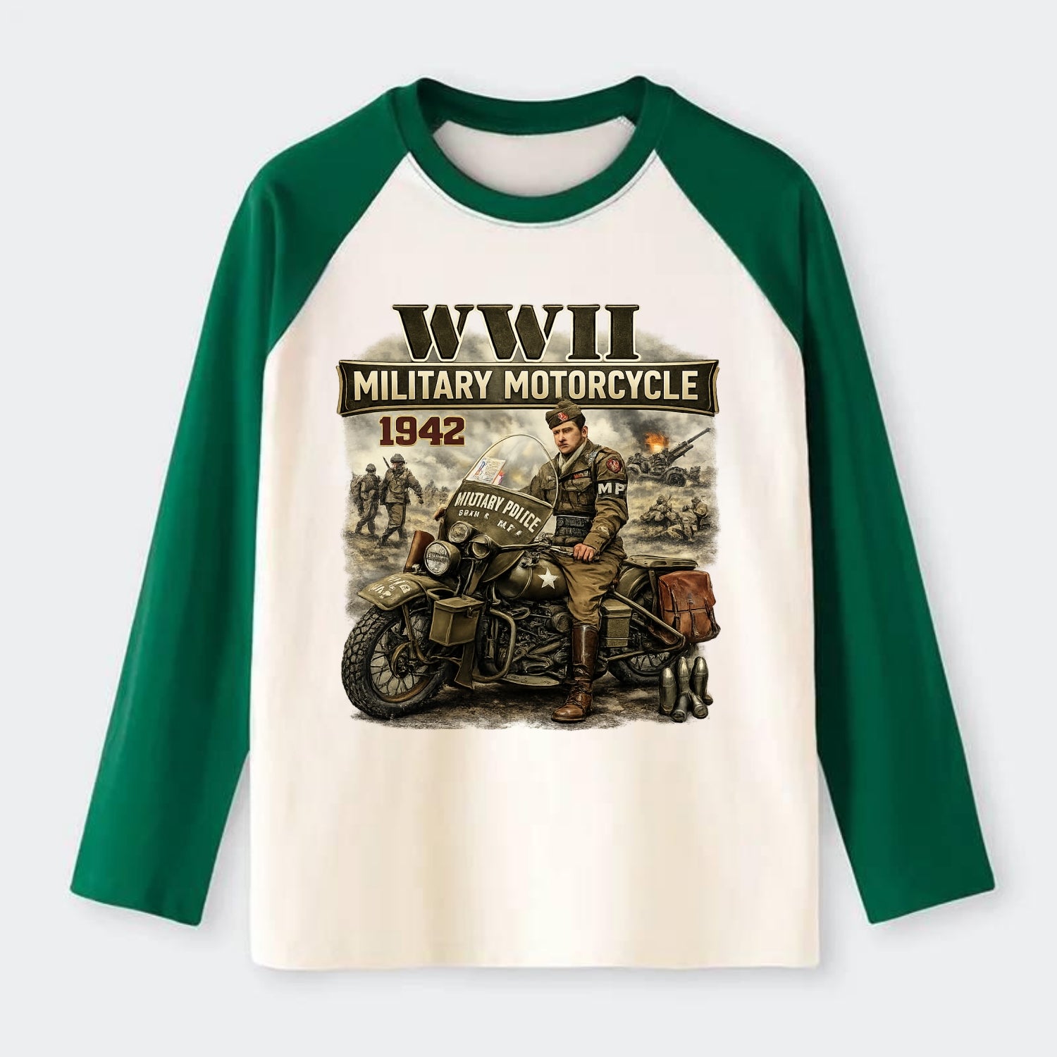 Wwii Military Motorcycle 1942 - Raglan Long Sleeve T-Shirt - Green