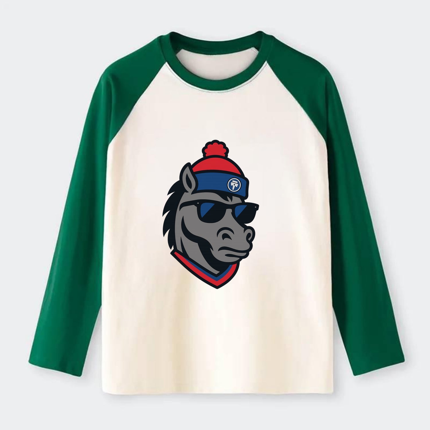 Detroit Stallion wearing Pistons red and blue beanie with piston patch - Raglan Long Sleeve T-Shirt - Green