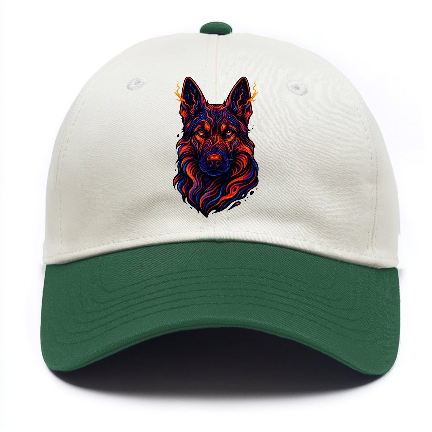 Alert German Shepherd with cyber circuit patterns in the fur, neon orange and black - Two Tone Cap - Green