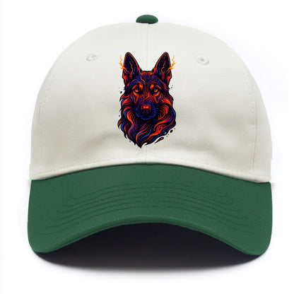 Alert German Shepherd with cyber circuit patterns in the fur, neon orange and black - Two Tone Cap - Green