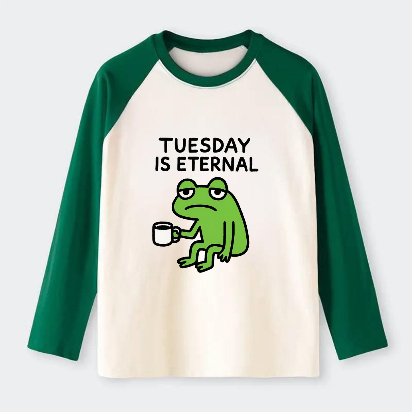 TUESDAY IS ETERNAL | Tired frog with coffee cup - Raglan Long Sleeve T-Shirt - Green