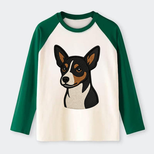 Rat Terrier - Tri-color embroidered pose - Raglan Long Sleeve T-Shirt - Green