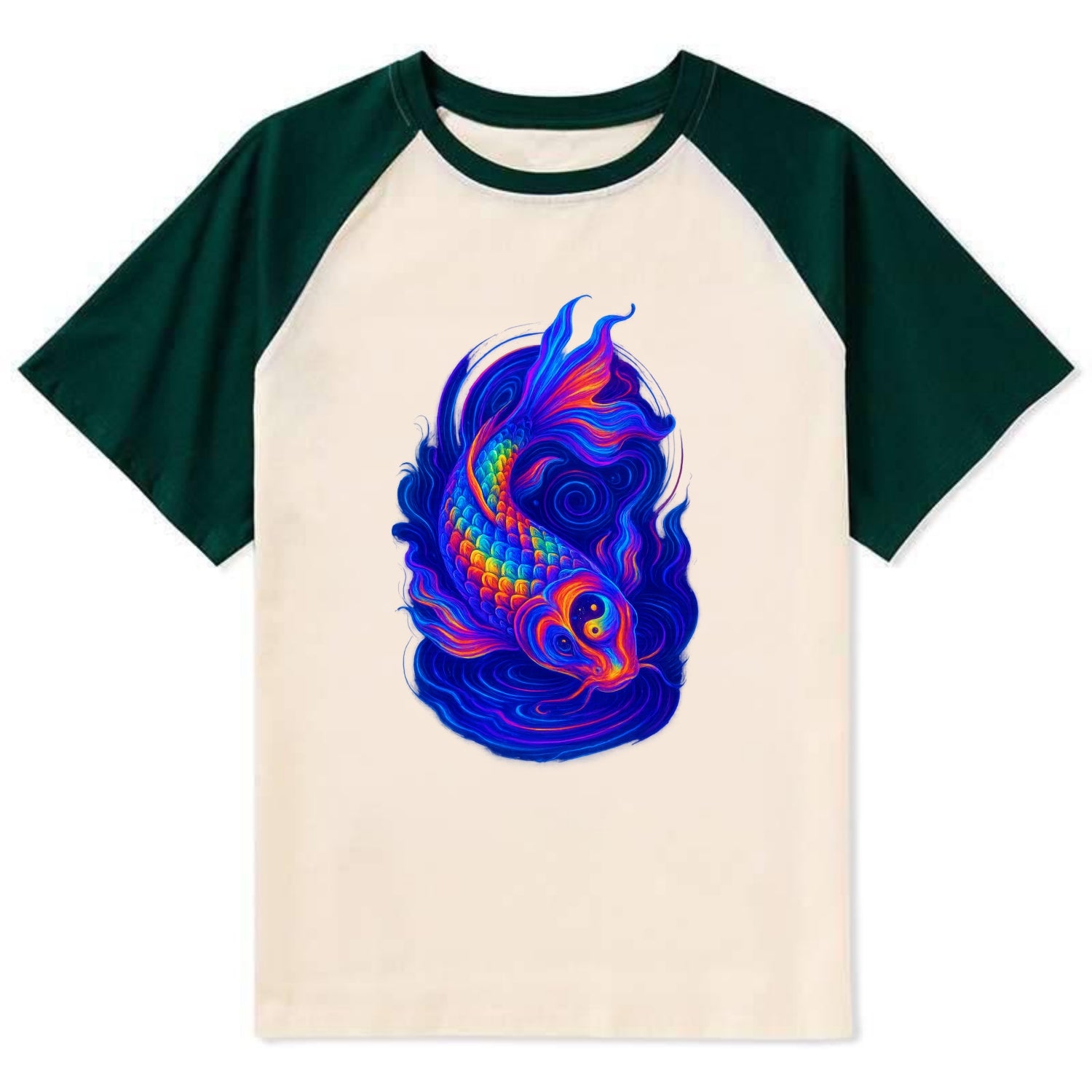 Sacred koi with scales reflecting rainbow prisms, yin-yang patterns in - Contrast Raglan T-shirt - Green