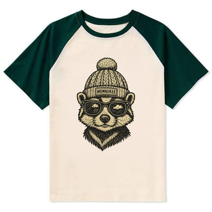 Wisconsin Badger wearing Milwaukee beanie with pom pom and wayfarer - Contrast Raglan T-shirt - Green