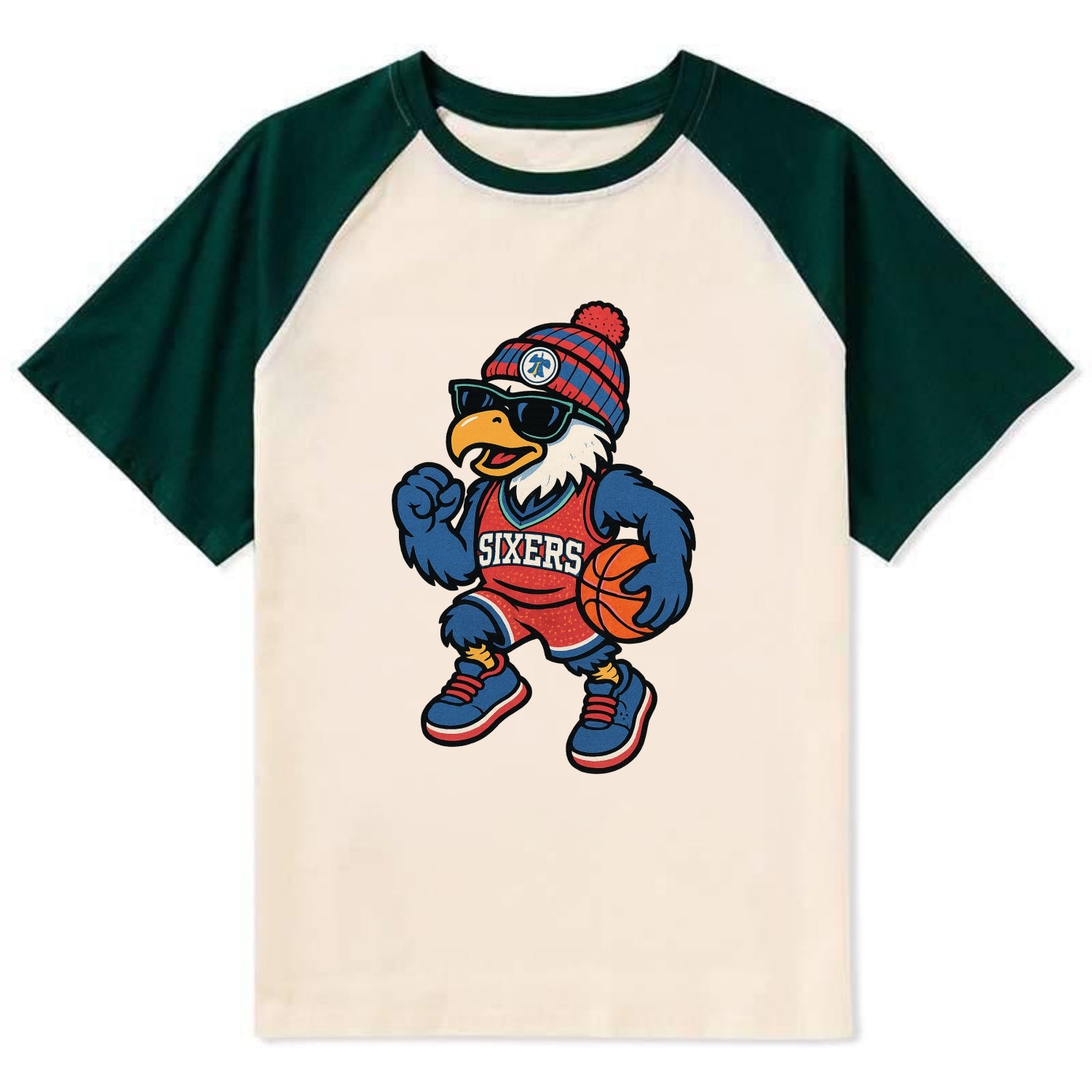 Philadelphia Eagle wearing 76ers red white and blue beanie with bell - Contrast Raglan T-shirt - Green