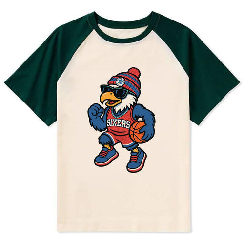 Philadelphia Eagle wearing 76ers red white and blue beanie with bell - Contrast Raglan T-shirt