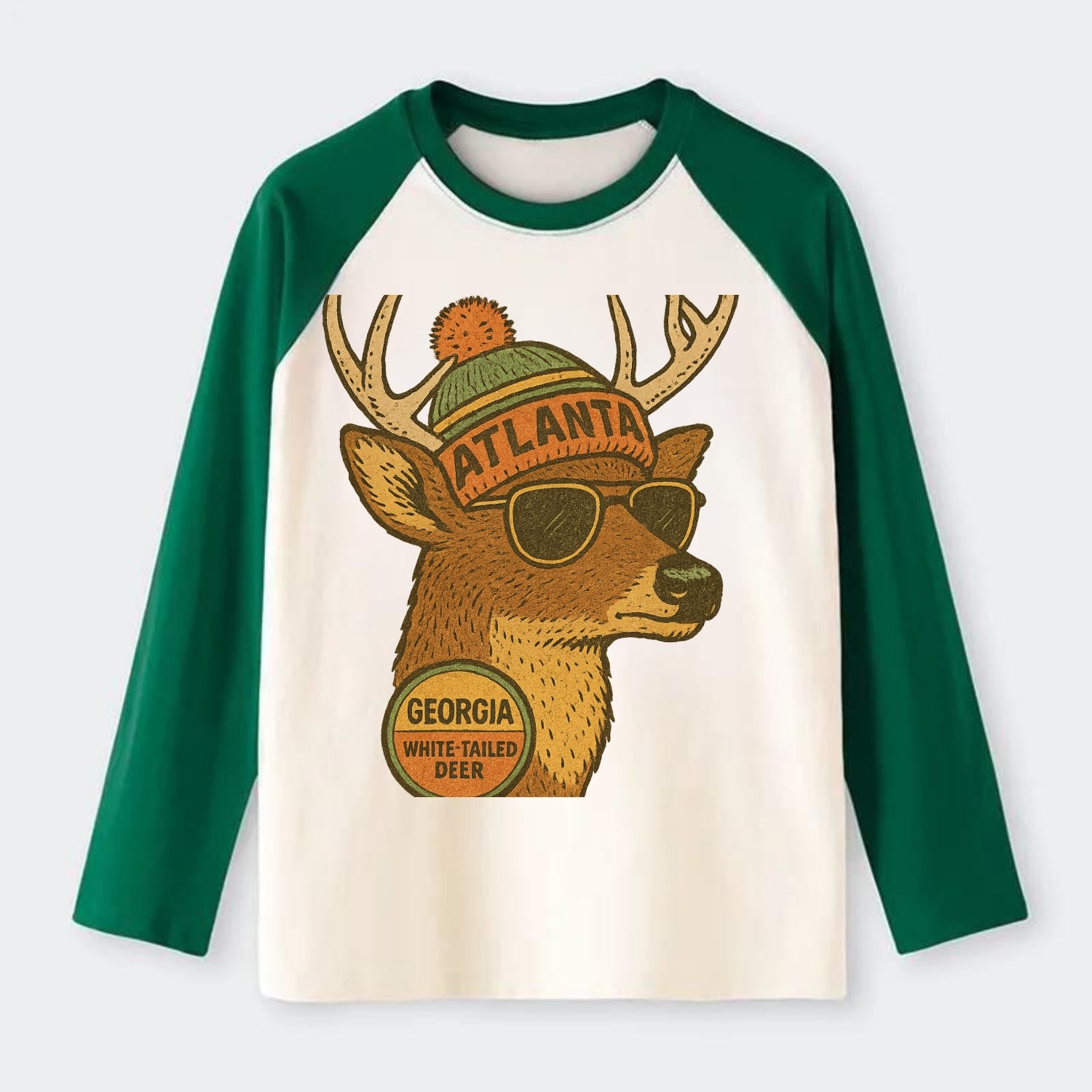 Georgia White-tailed Deer wearing Atlanta beanie with pom pom and - Raglan Long Sleeve T-Shirt - Green