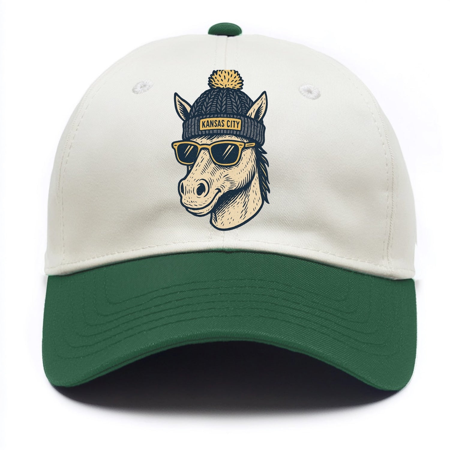 Missouri Mule wearing Kansas City beanie with pom pom and wayfarer sunglasses - Two Tone Cap - Green