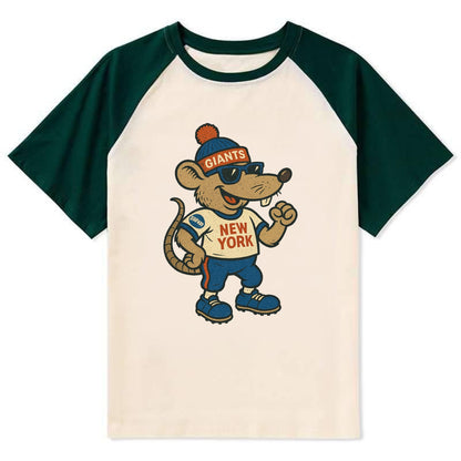 New York Rat wearing Giants beanie with subway patch and wayfarer - Contrast Raglan T-shirt - Green