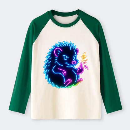 tiny hedgehog curled up slightly, one little paw raised flipping the - Raglan Long Sleeve T-Shirt - Green