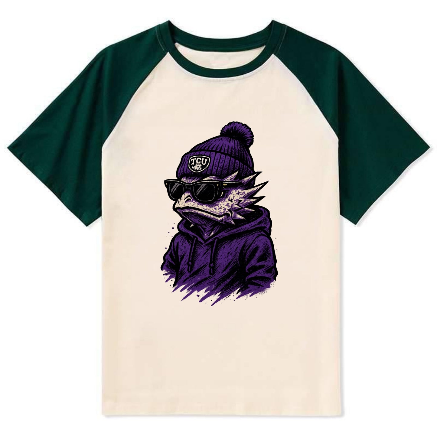 Fort Worth Horned Frog wearing TCU beanie with frog patch - Contrast Raglan T-shirt - Green