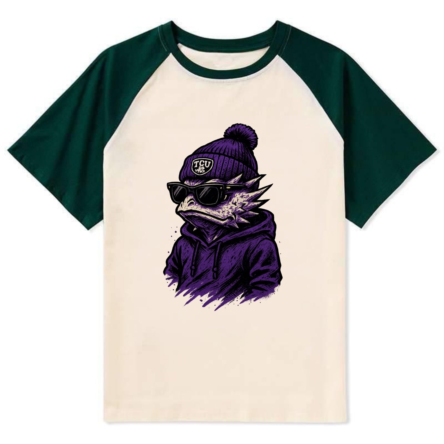 Fort Worth Horned Frog wearing TCU beanie with frog patch - Contrast Raglan T-shirt - Green