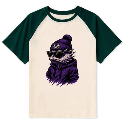 Fort Worth Horned Frog wearing TCU beanie with frog patch - Contrast Raglan T-shirt - Green