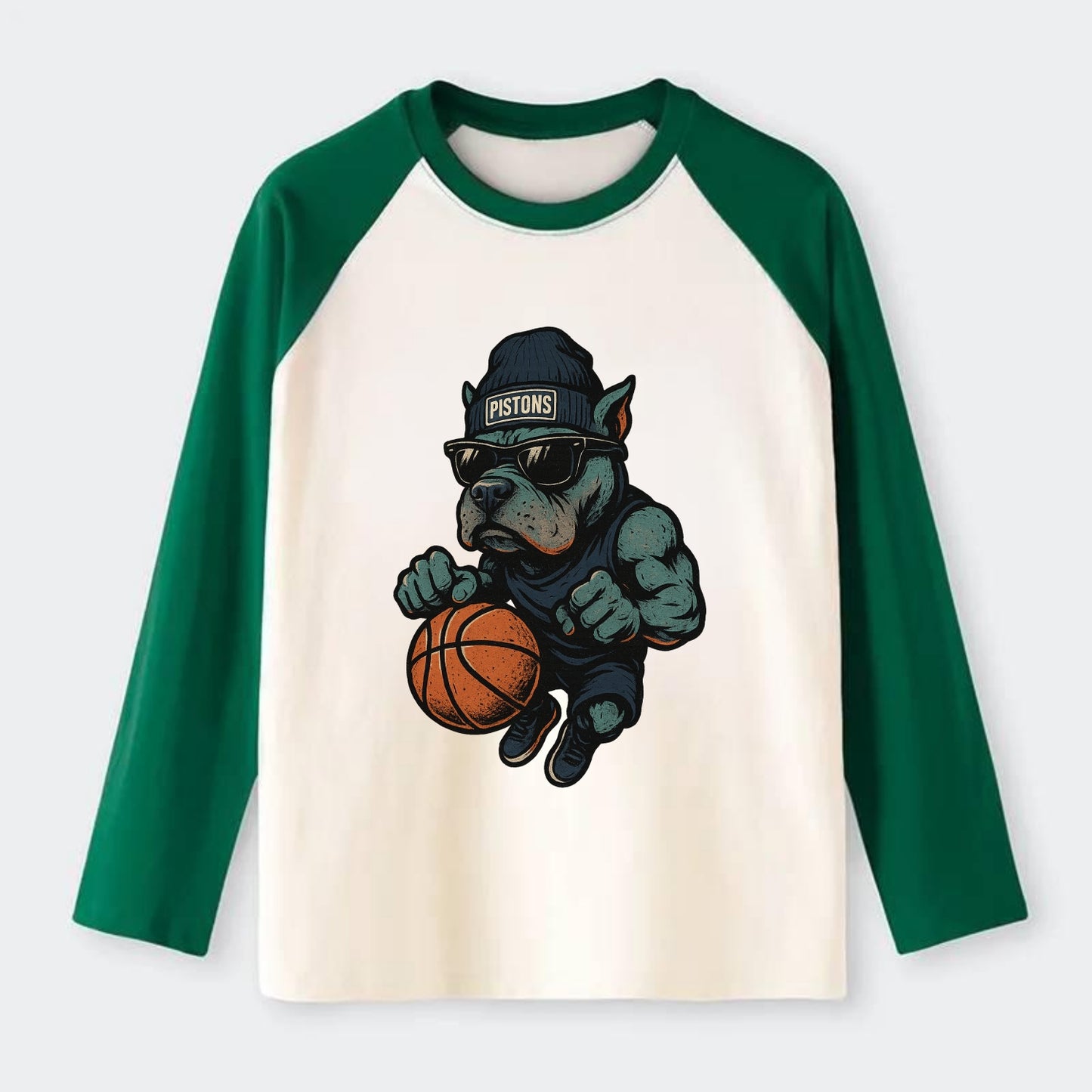 Detroit Pitbull wearing Pistons beanie with chrome patch and wayfarer - Raglan Long Sleeve T-Shirt - Green