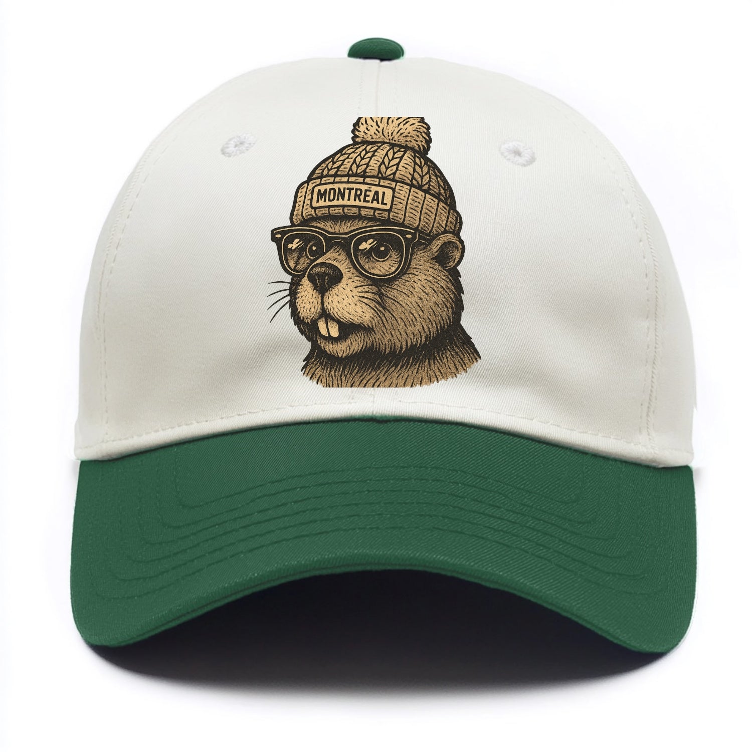Montreal Beaver wearing Montreal beanie with pom pom and wayfarer sunglasses - Two Tone Cap - Green