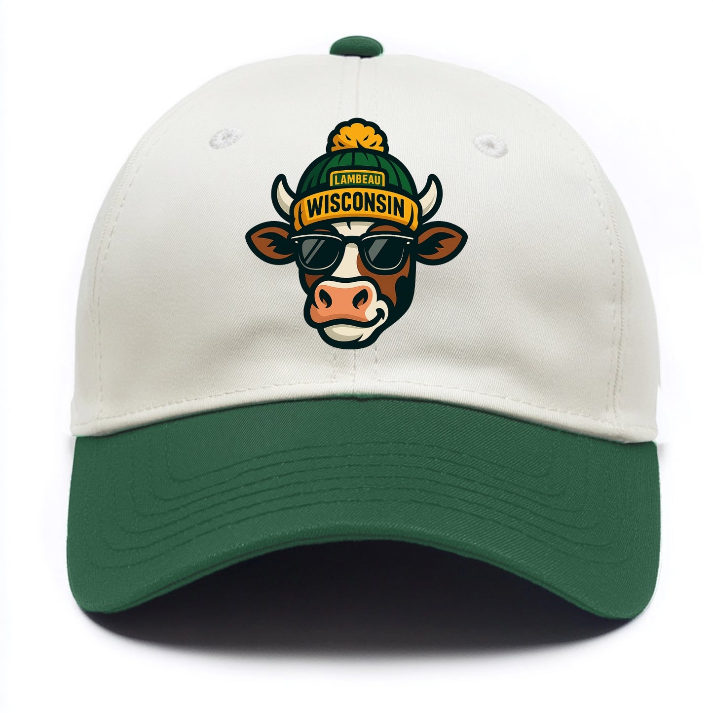 Wisconsin Cow wearing Packers beanie with Lambeau patch and wayfarer sunglasses - Two Tone Cap - Green