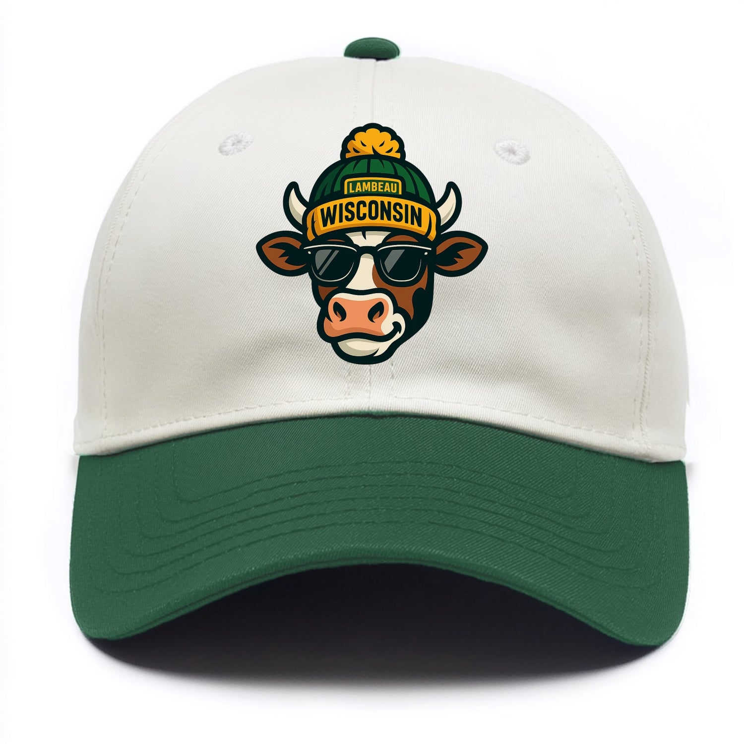 Wisconsin Cow wearing Packers beanie with Lambeau patch and wayfarer sunglasses - Two Tone Cap - Green