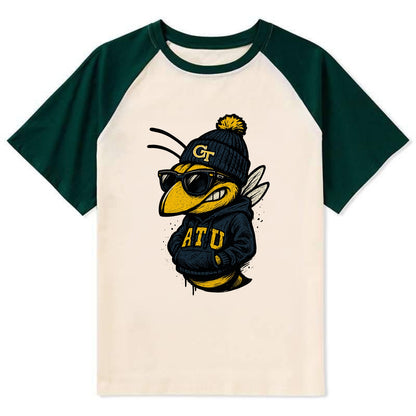 Atlanta Yellow Jacket wearing Georgia Tech beanie with GT patch - Contrast Raglan T-shirt - Green