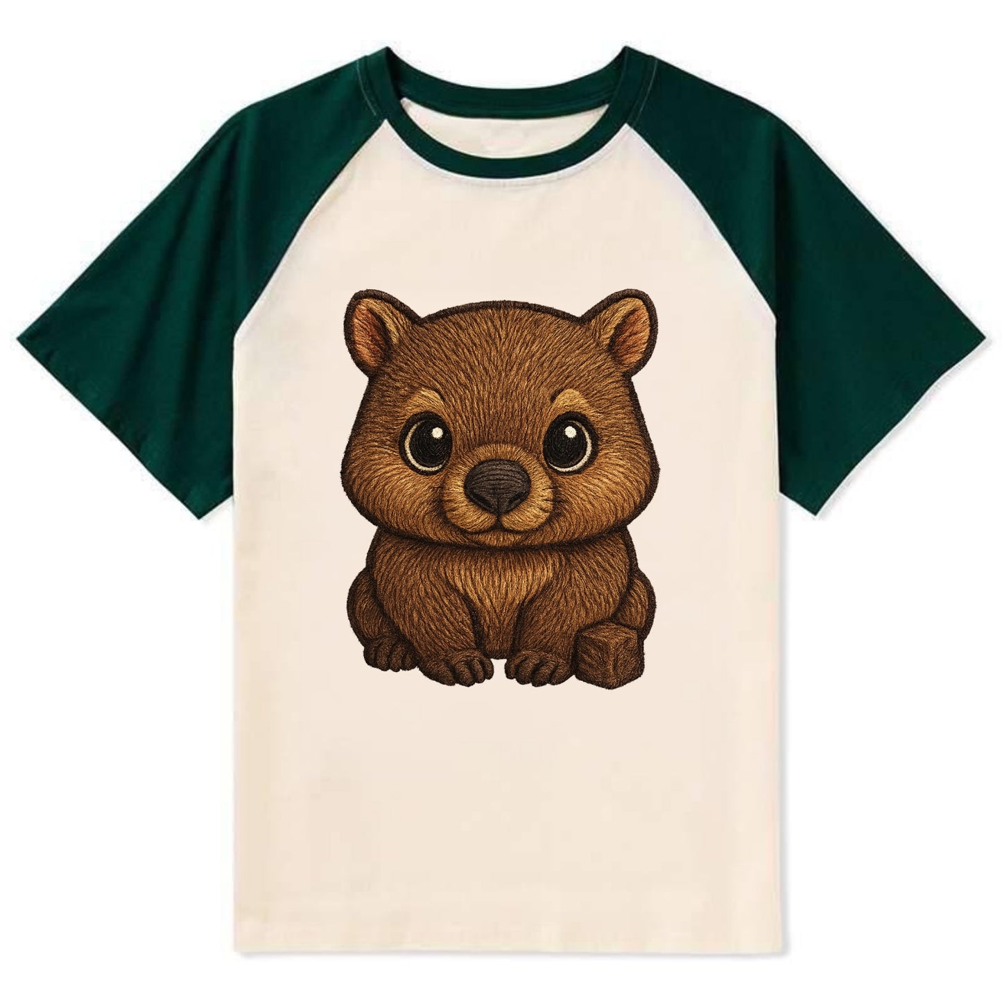 Baby Wombat - brown fur, square nose, small ears, dark eyes, - Contrast Raglan T-shirt - Green