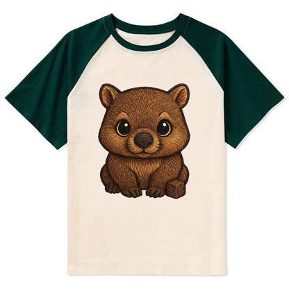 Baby Wombat - brown fur, square nose, small ears, dark eyes, - Contrast Raglan T-shirt - Green