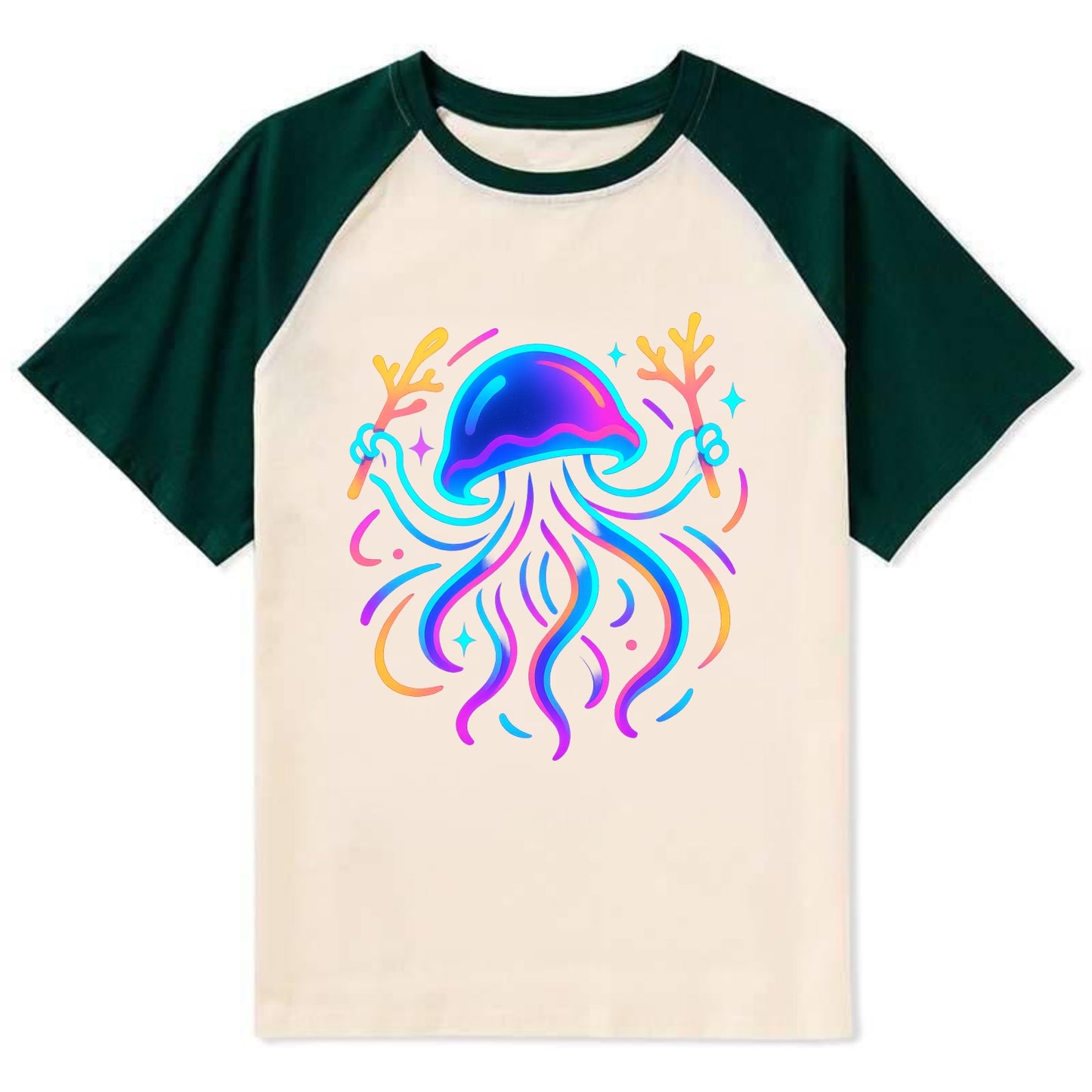 Jellyfish conducting a glow orchestra using coral batons in deep ocean - Contrast Raglan T-shirt - Green