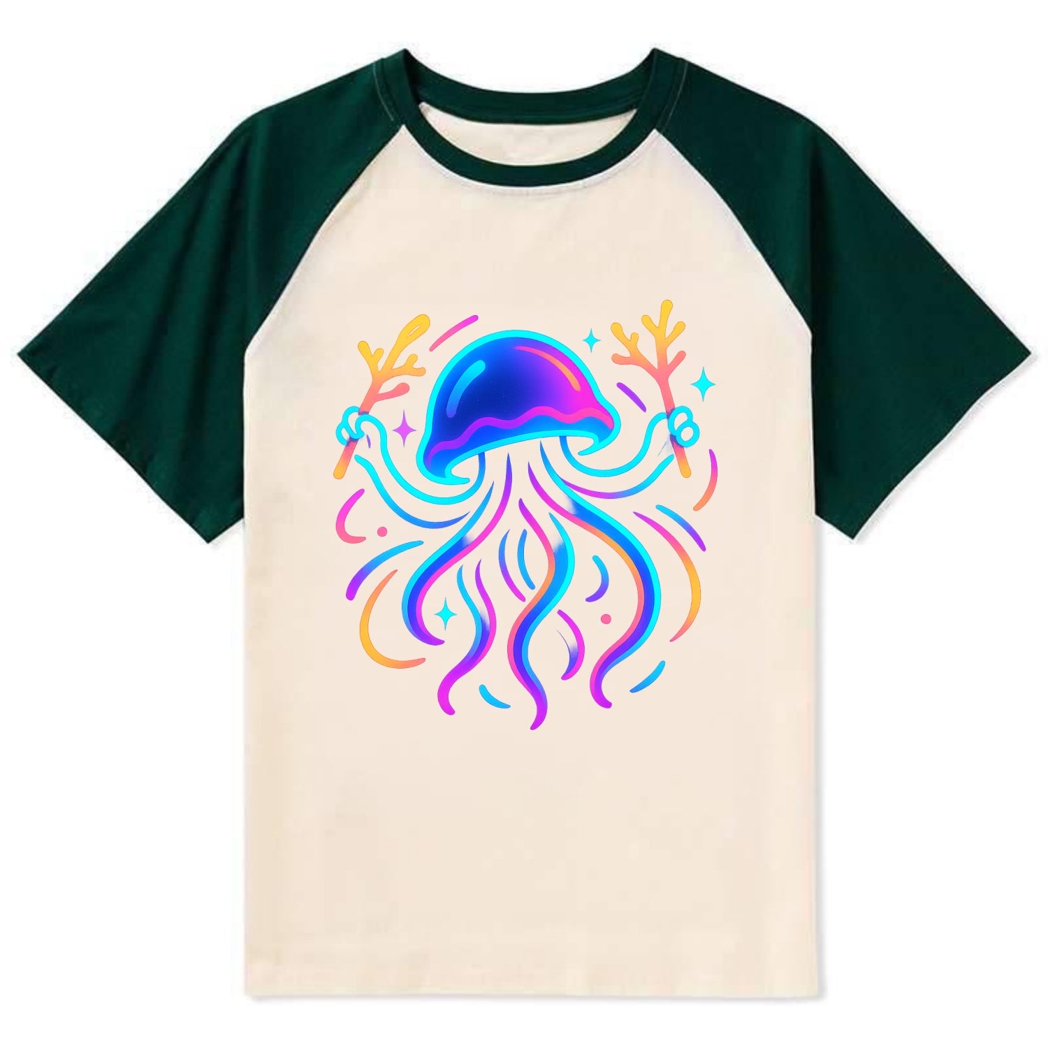 Jellyfish conducting a glow orchestra using coral batons in deep ocean - Contrast Raglan T-shirt - Green