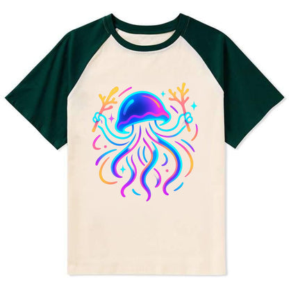 Jellyfish conducting a glow orchestra using coral batons in deep ocean - Contrast Raglan T-shirt - Green