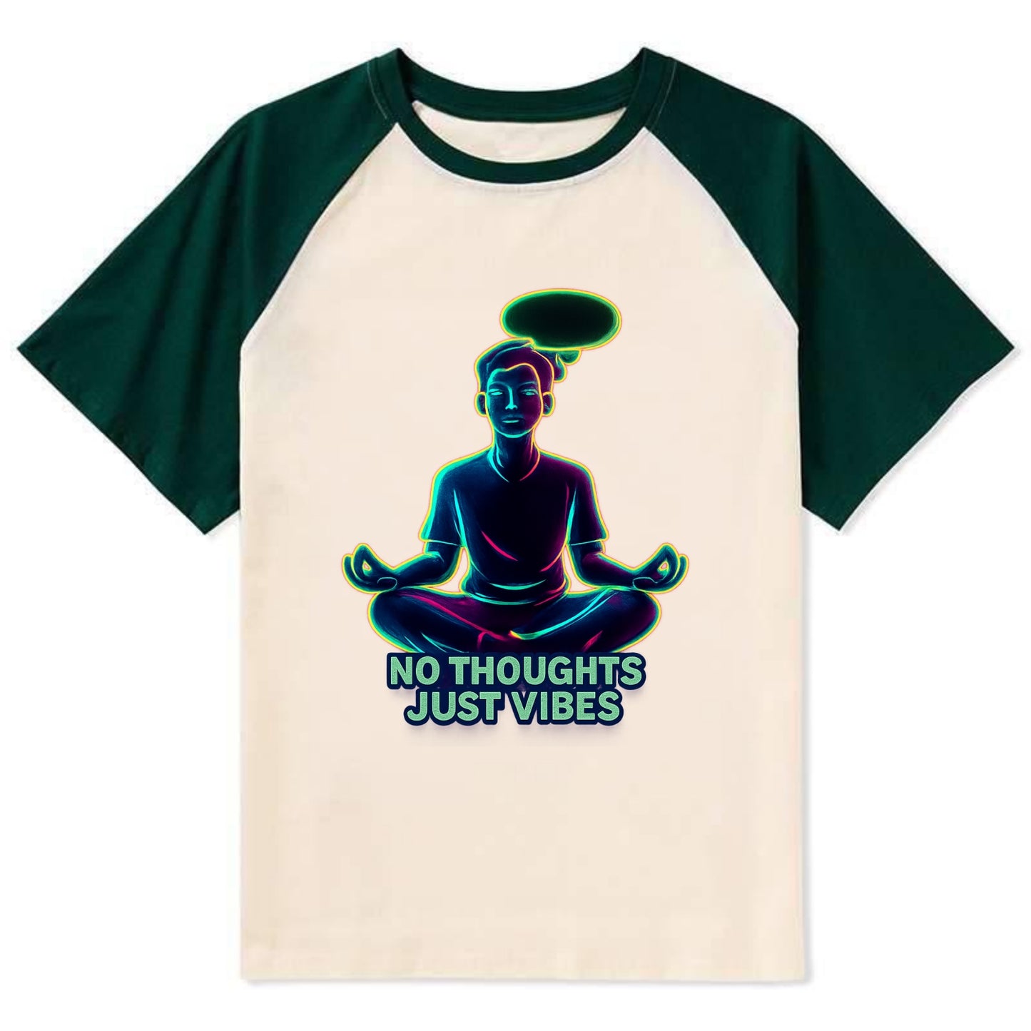 Peaceful floating figure with empty thought bubble - "no thoughts just - Contrast Raglan T-shirt - Green