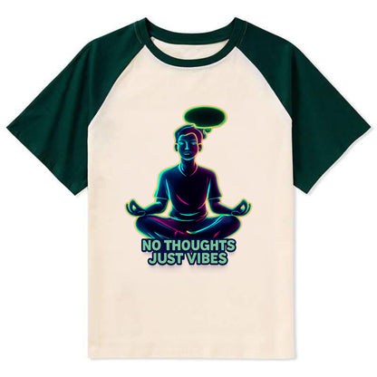 Peaceful floating figure with empty thought bubble - "no thoughts just - Contrast Raglan T-shirt - Green