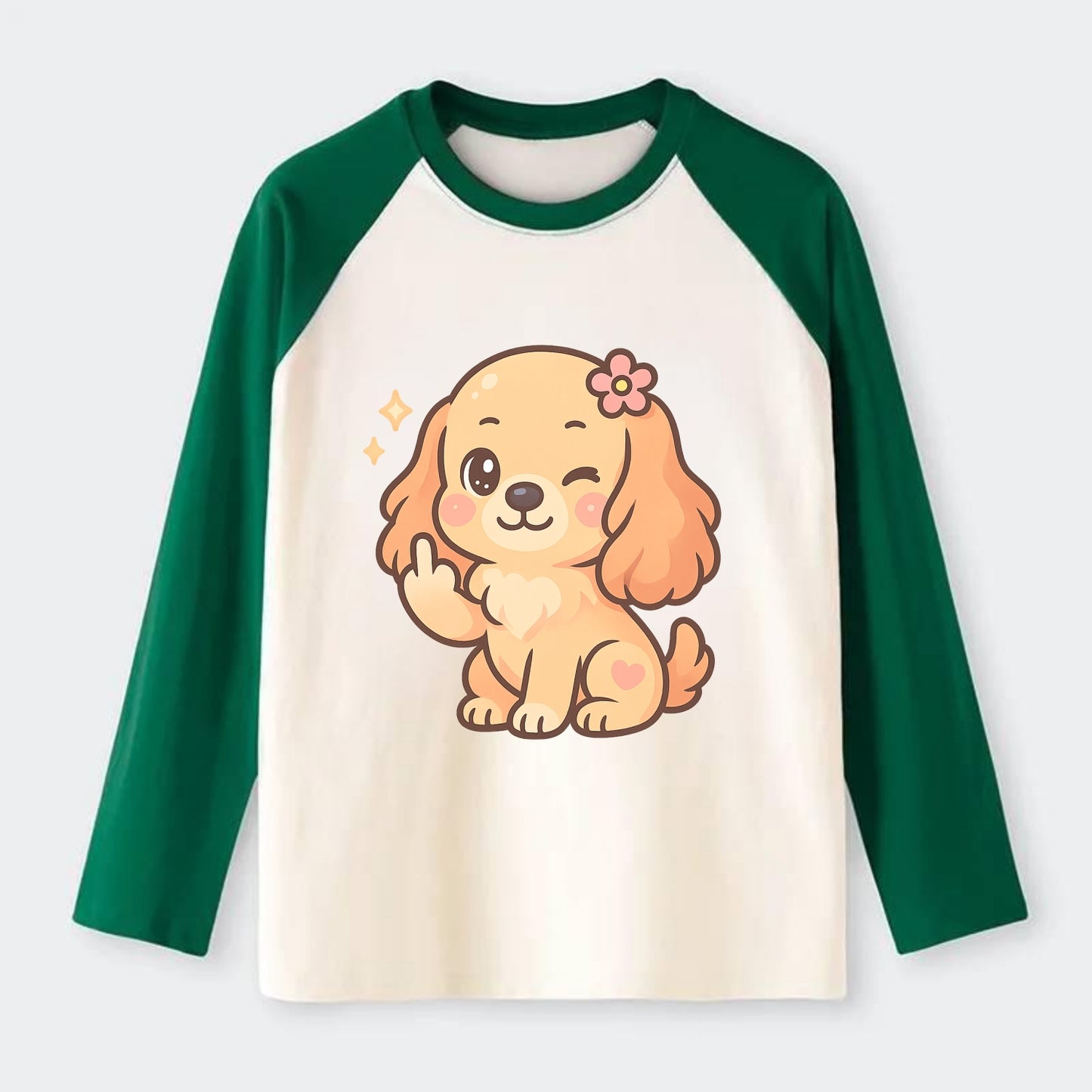 Cocker Spaniel with long wavy ears, gentle face, paw flipping off - Raglan Long Sleeve T-Shirt - Green